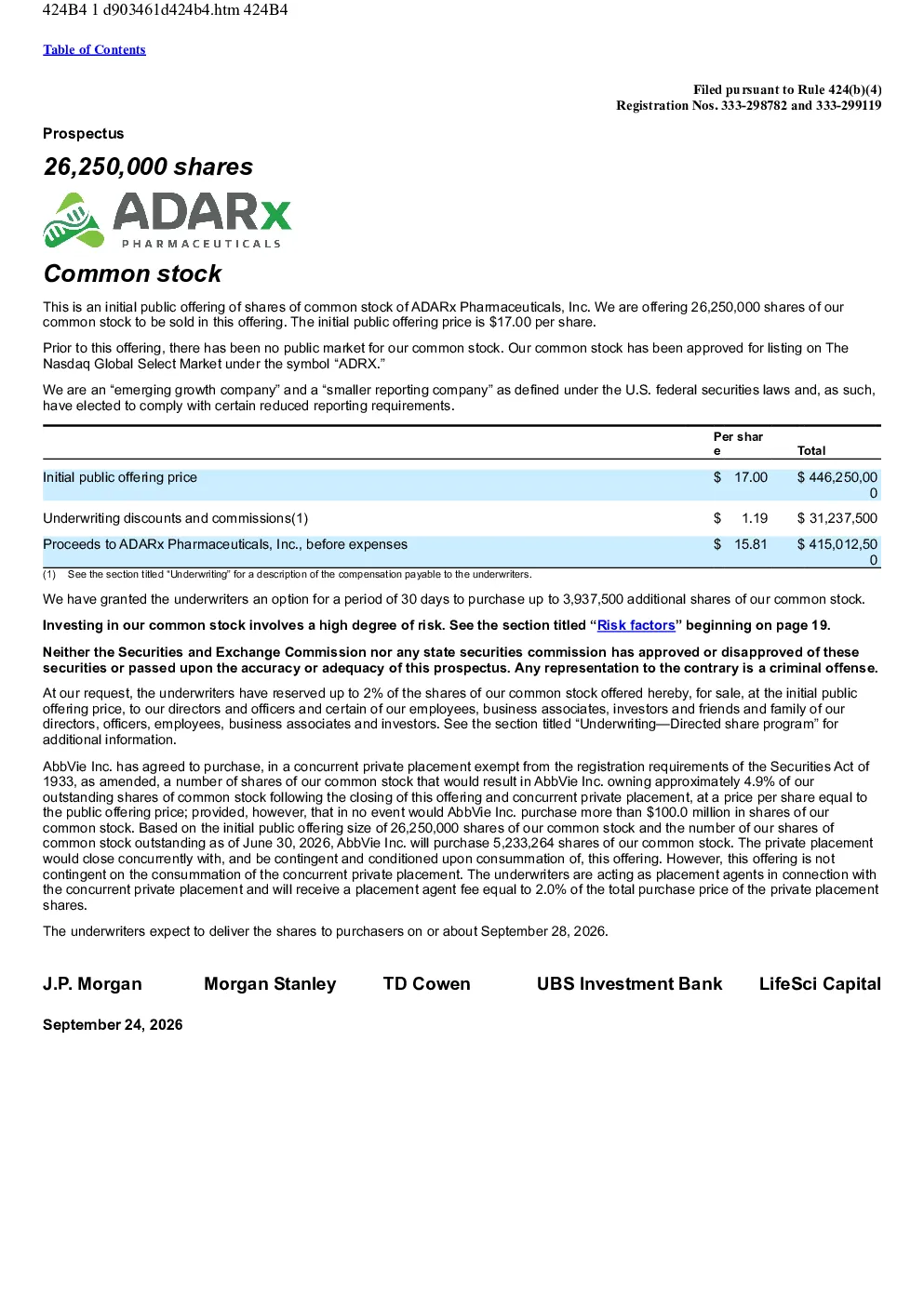 ADARx Pharmaceuticals Inc美股招股说明书(2026-09-28版)