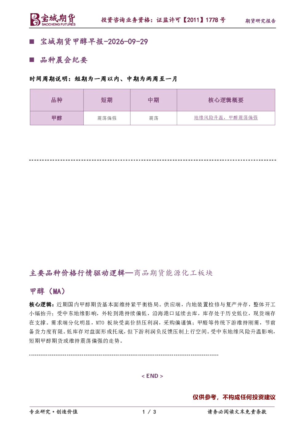 甲醇早报