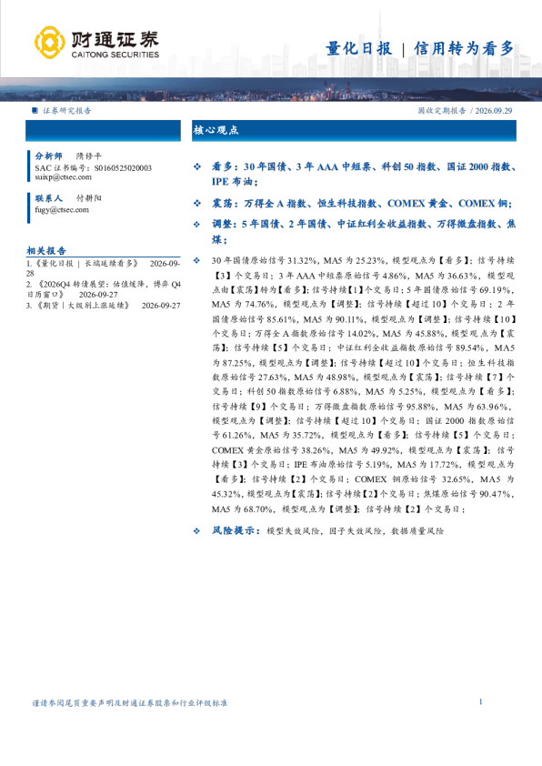 量化日报：量化日报信用转为看多