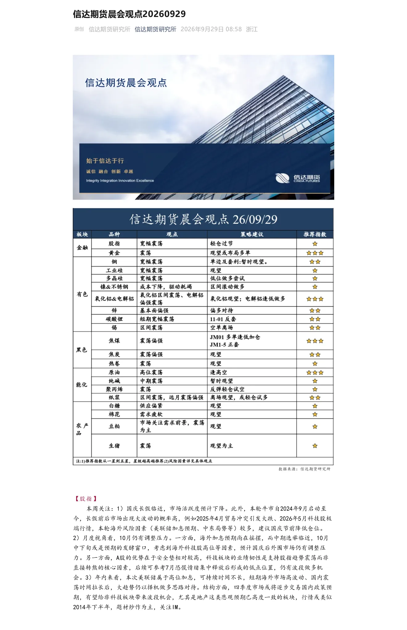 晨会观点