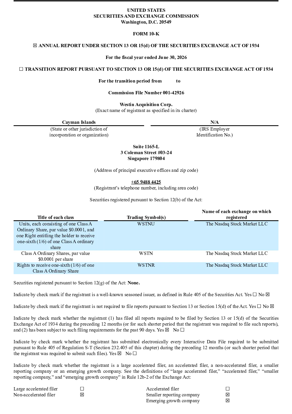
Westin Acquisition Corp-A 2025年度报告
