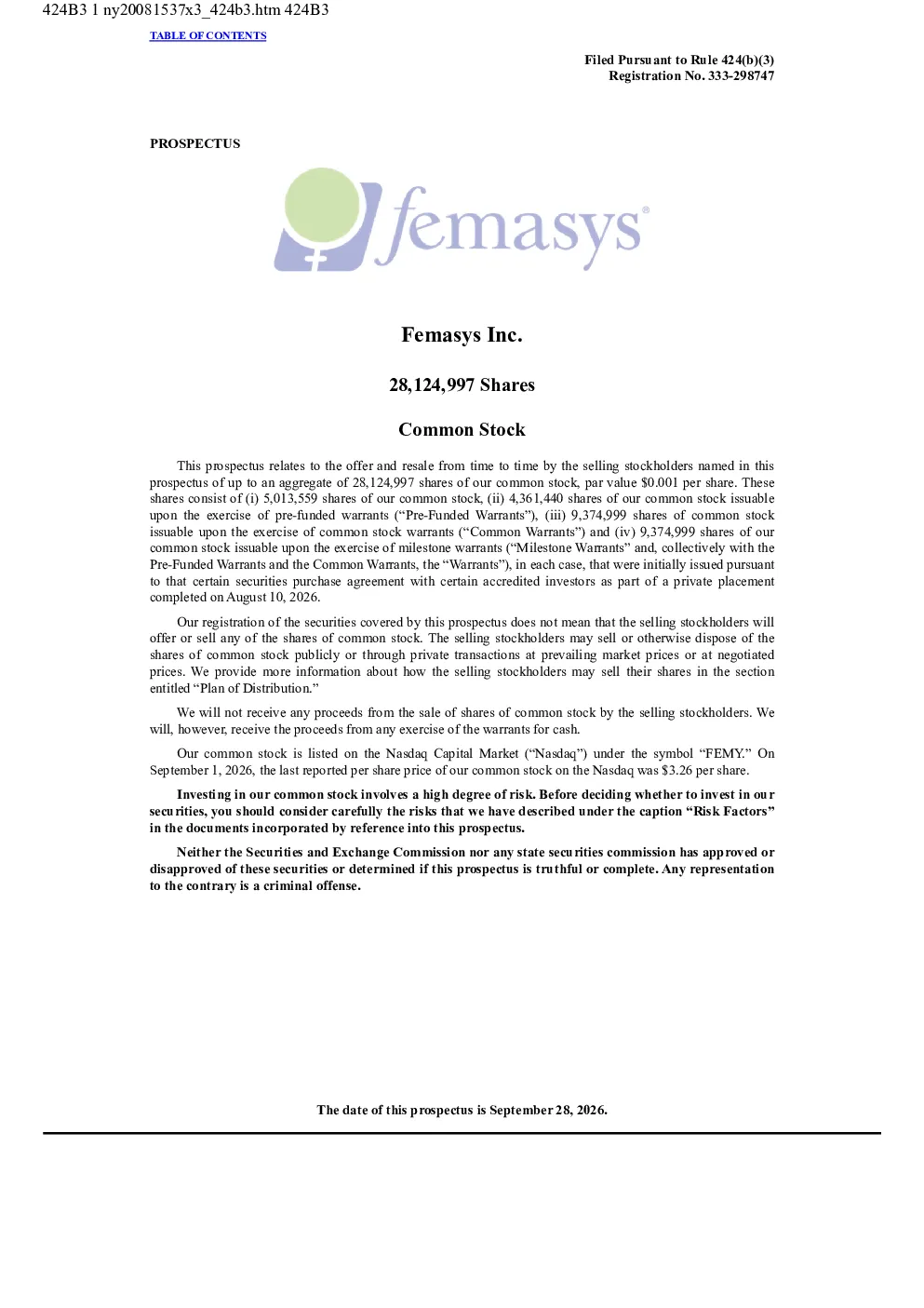 Femasys Inc美股招股说明书(2026-09-29版)