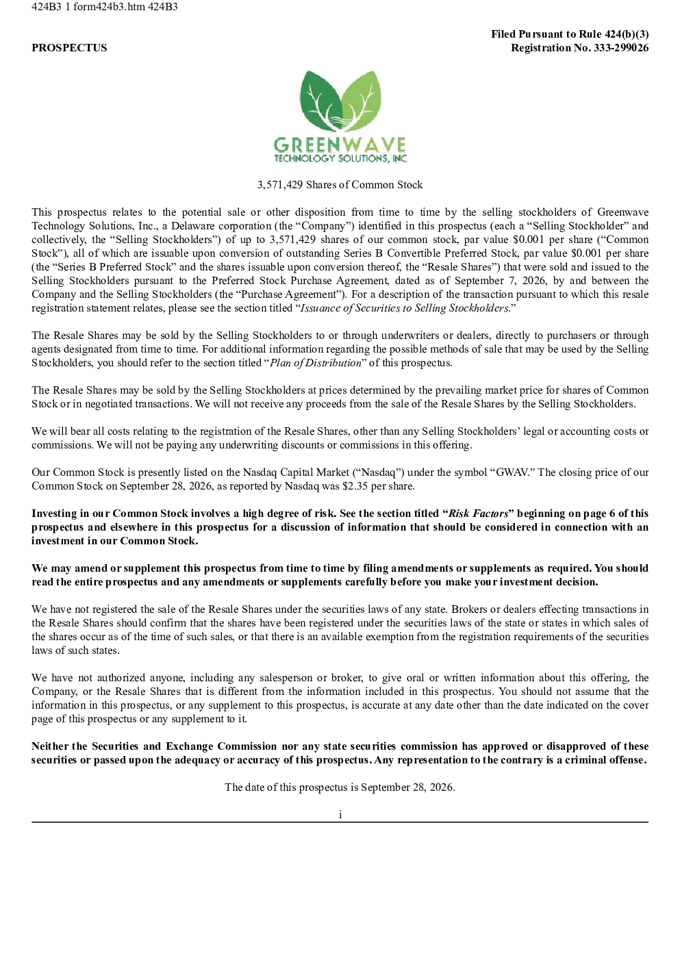 Greenwave Technology Solutions Inc美股招股说明书(2026-09-29版)