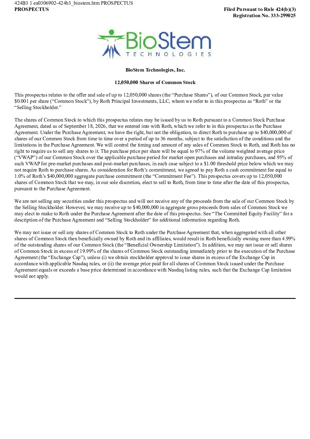 BioStem Technologies Inc美股招股说明书(2026-09-29版)