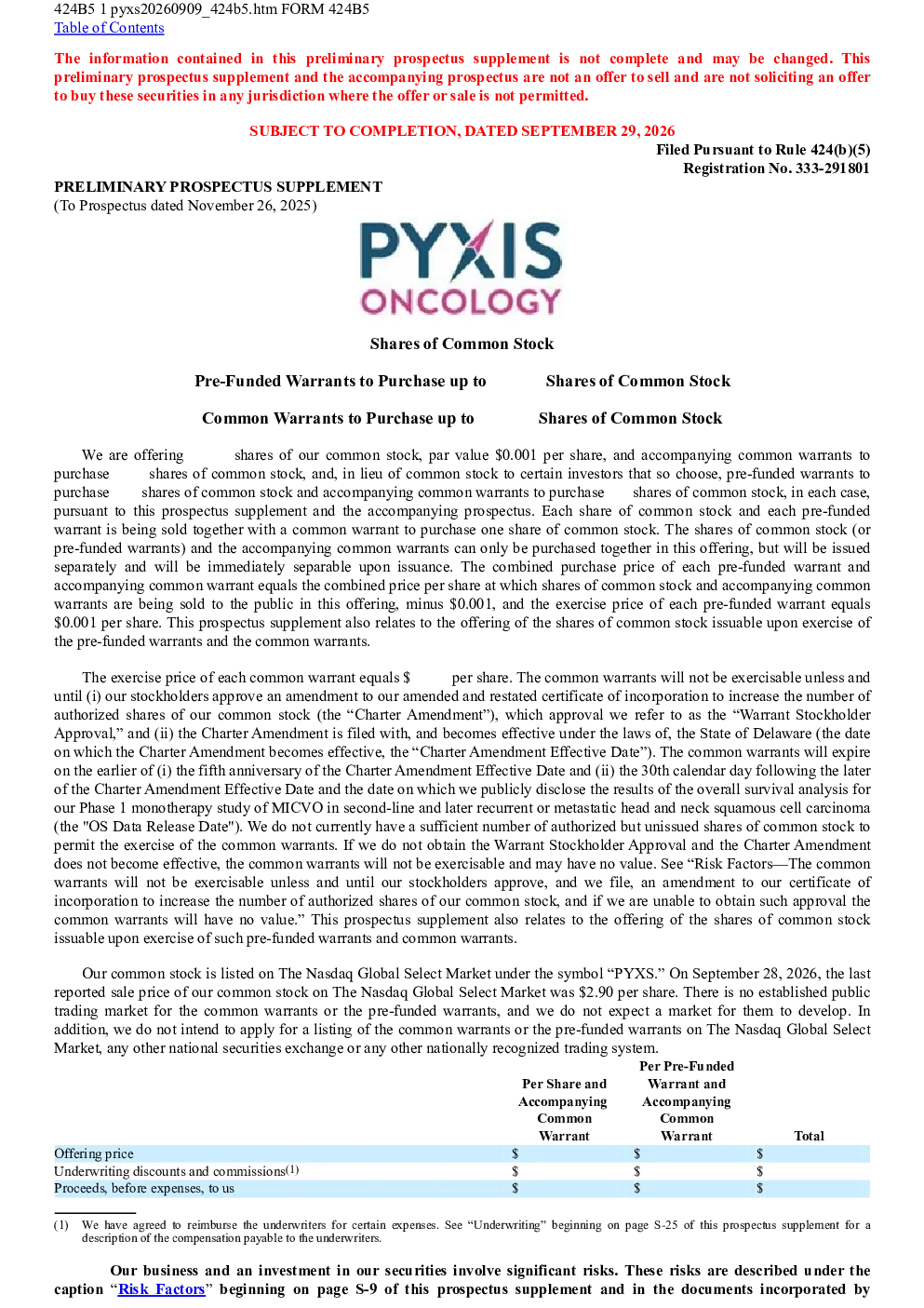Pyxis Oncology Inc美股招股说明书(2026-09-29版)