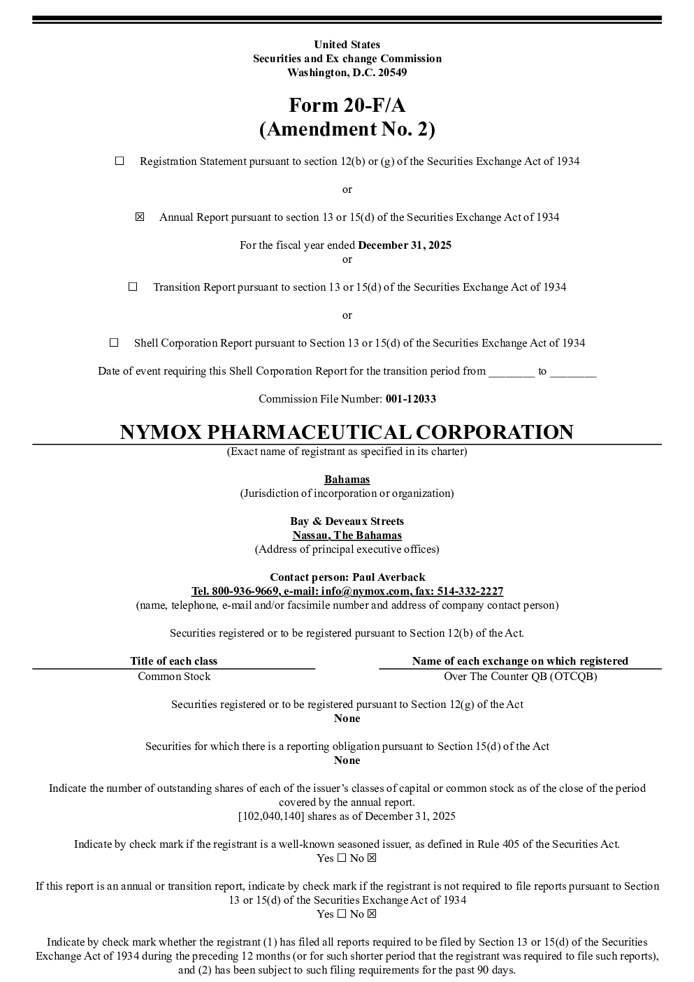 Nymox Pharmaceutical Corp 2026年年度报告和过渡报告
