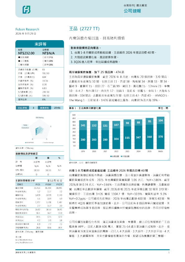 王品 (2727TT) 内需消费市场回温，具高殖利价值
