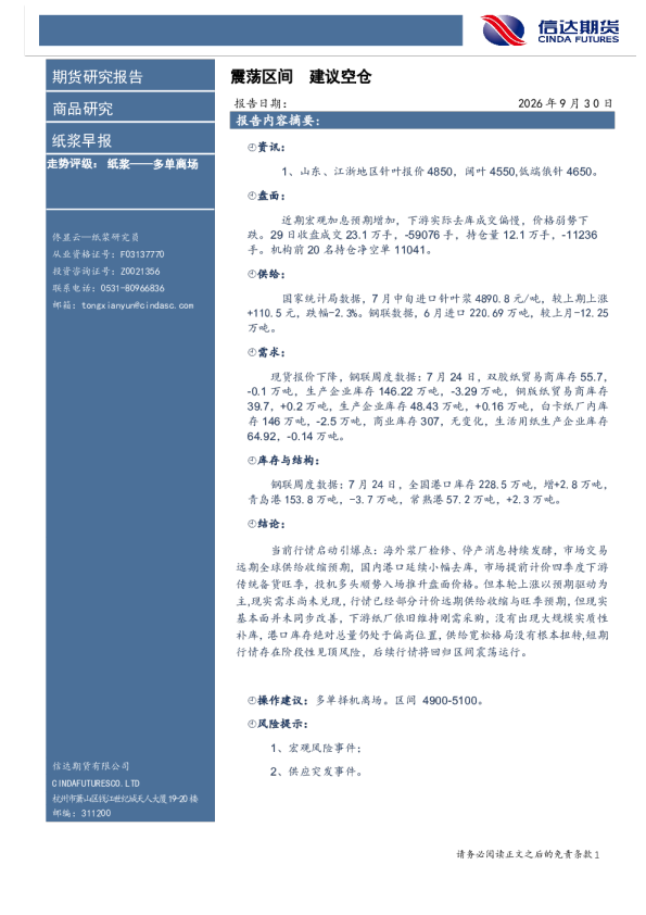 纸浆早报：震荡区间，建议空仓