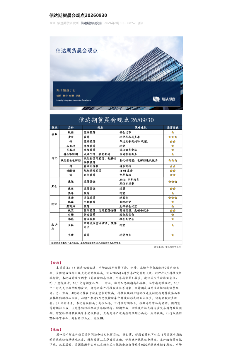 信达期货晨会观点26 09 30：信达期货晨会观点20260930