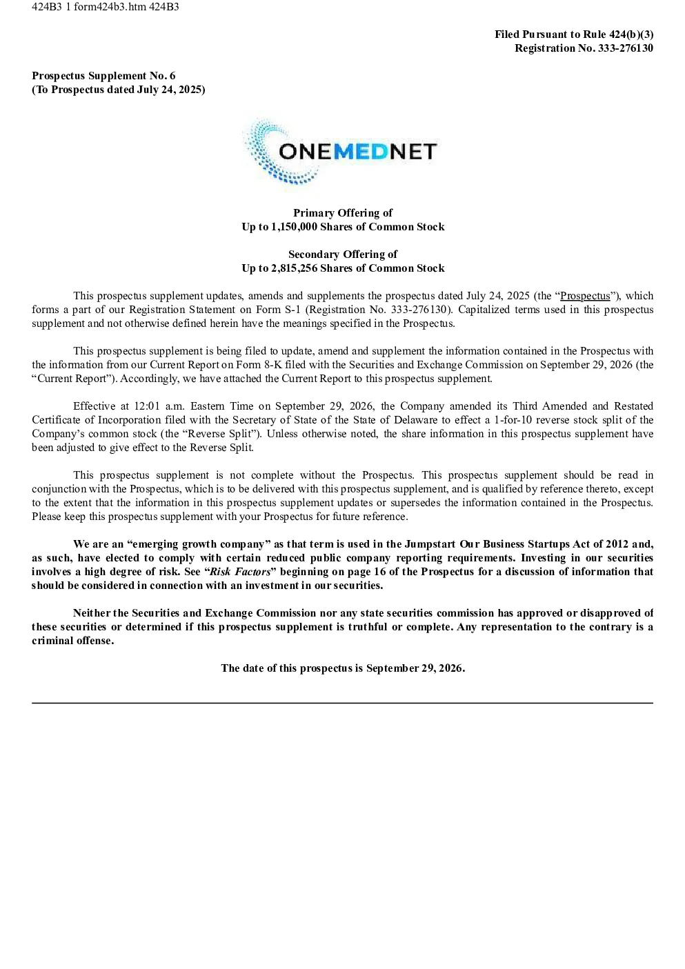 OneMedNet Corp美股招股说明书(2026-09-30版)