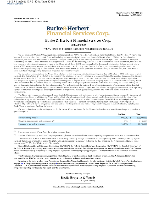 Burke & Herbert Financial Services Corp美股招股说明书(2026-09-30版)