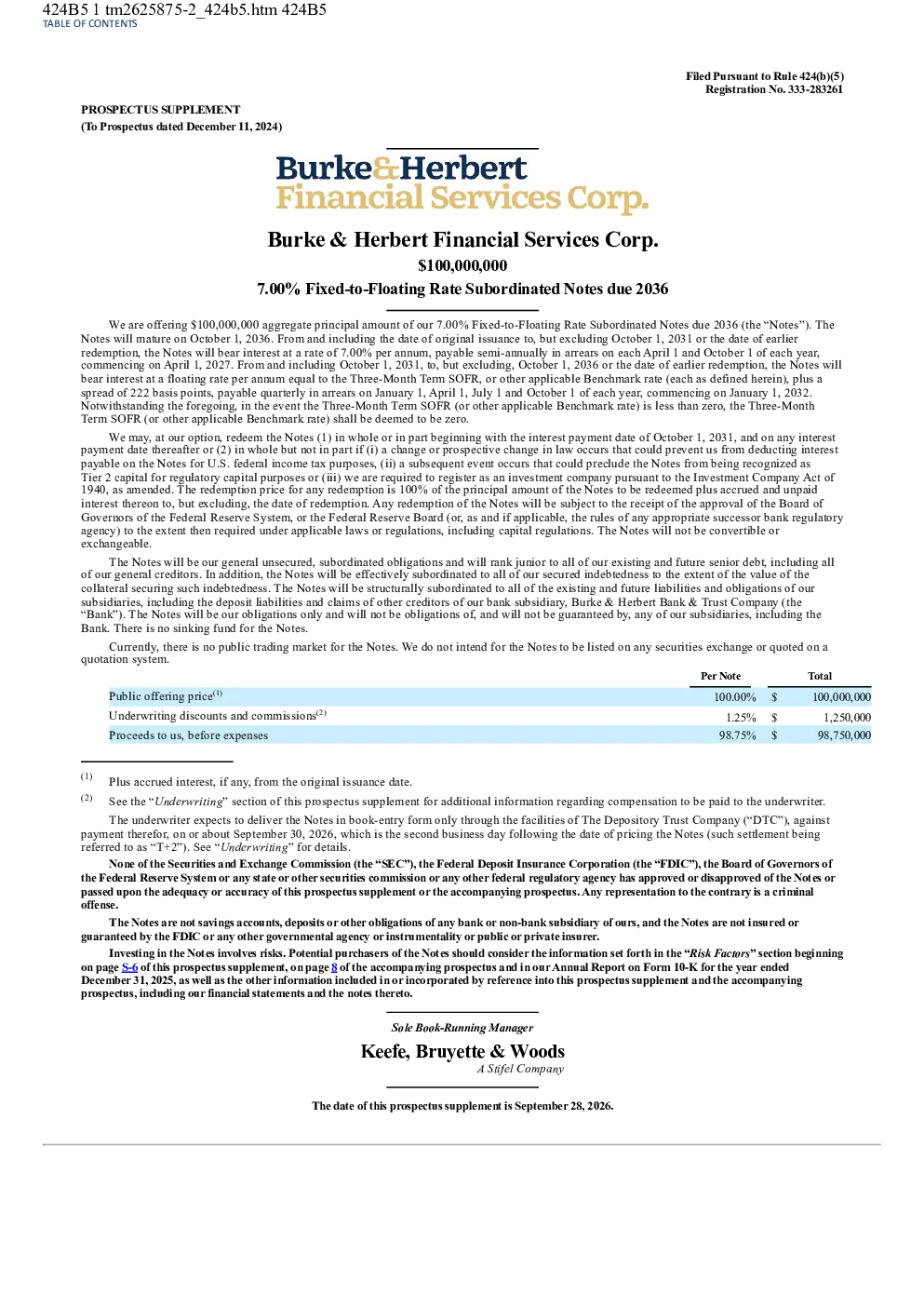 Burke & Herbert Financial Services Corp美股招股说明书(2026-09-30版)