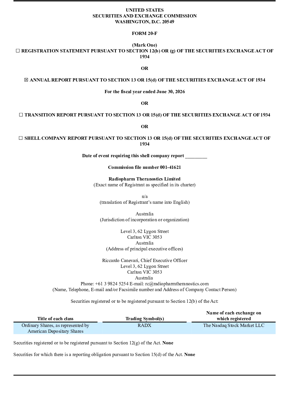 Radiopharm Theranostics Ltd ADR 2026年年度报告和过渡报告