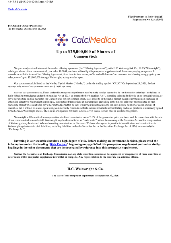CalciMedica Inc美股招股说明书(2026-09-30版)