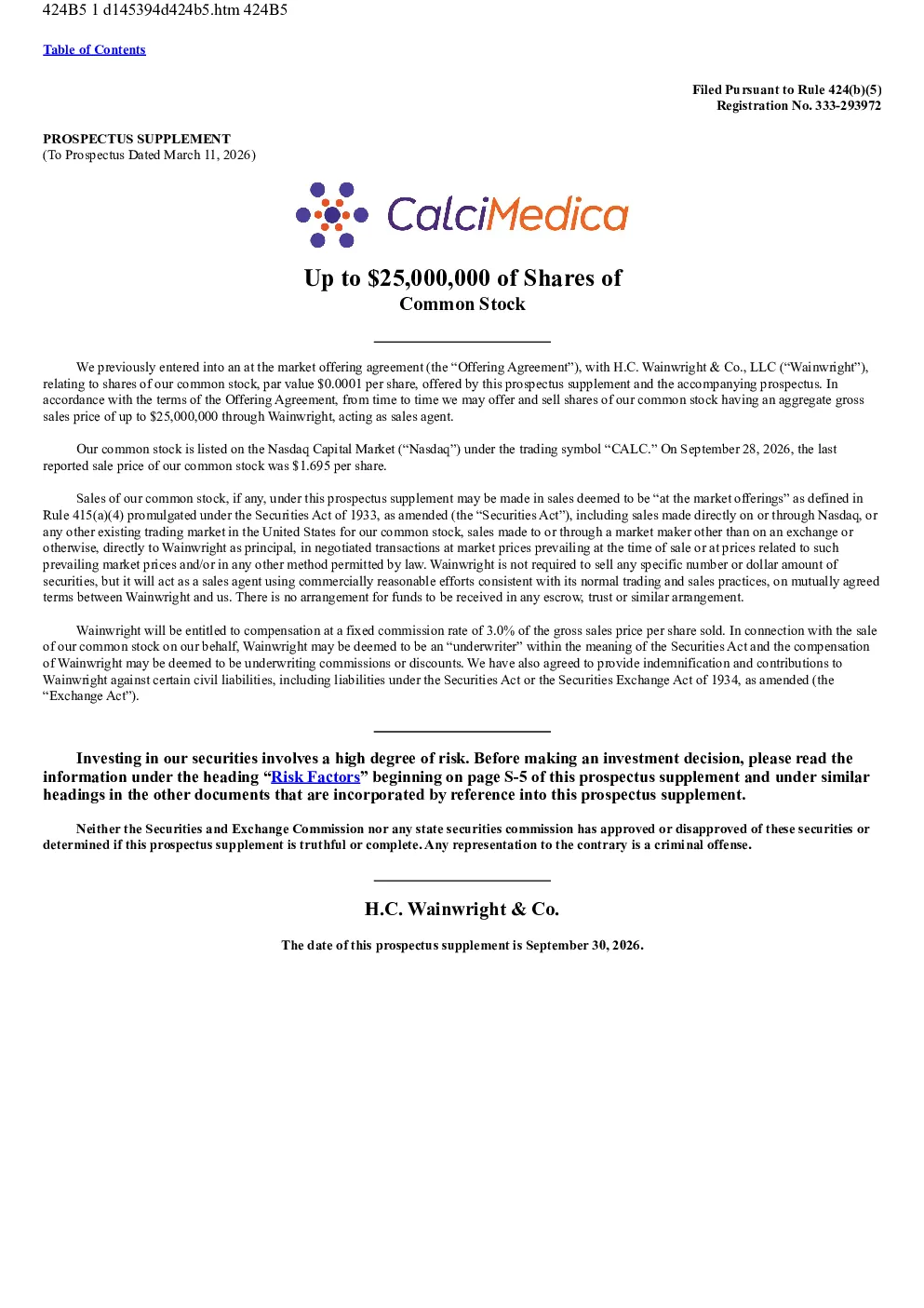 CalciMedica Inc美股招股说明书(2026-09-30版)