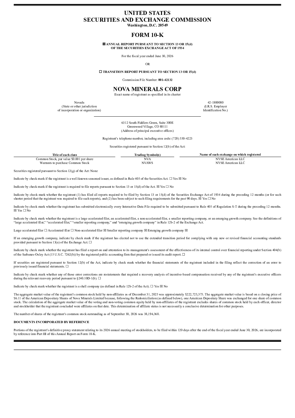Nova Minerals Corp 2025年度报告