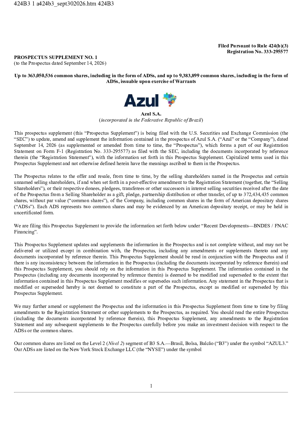 Azul SA ADR美股招股说明书(2026-09-30版)