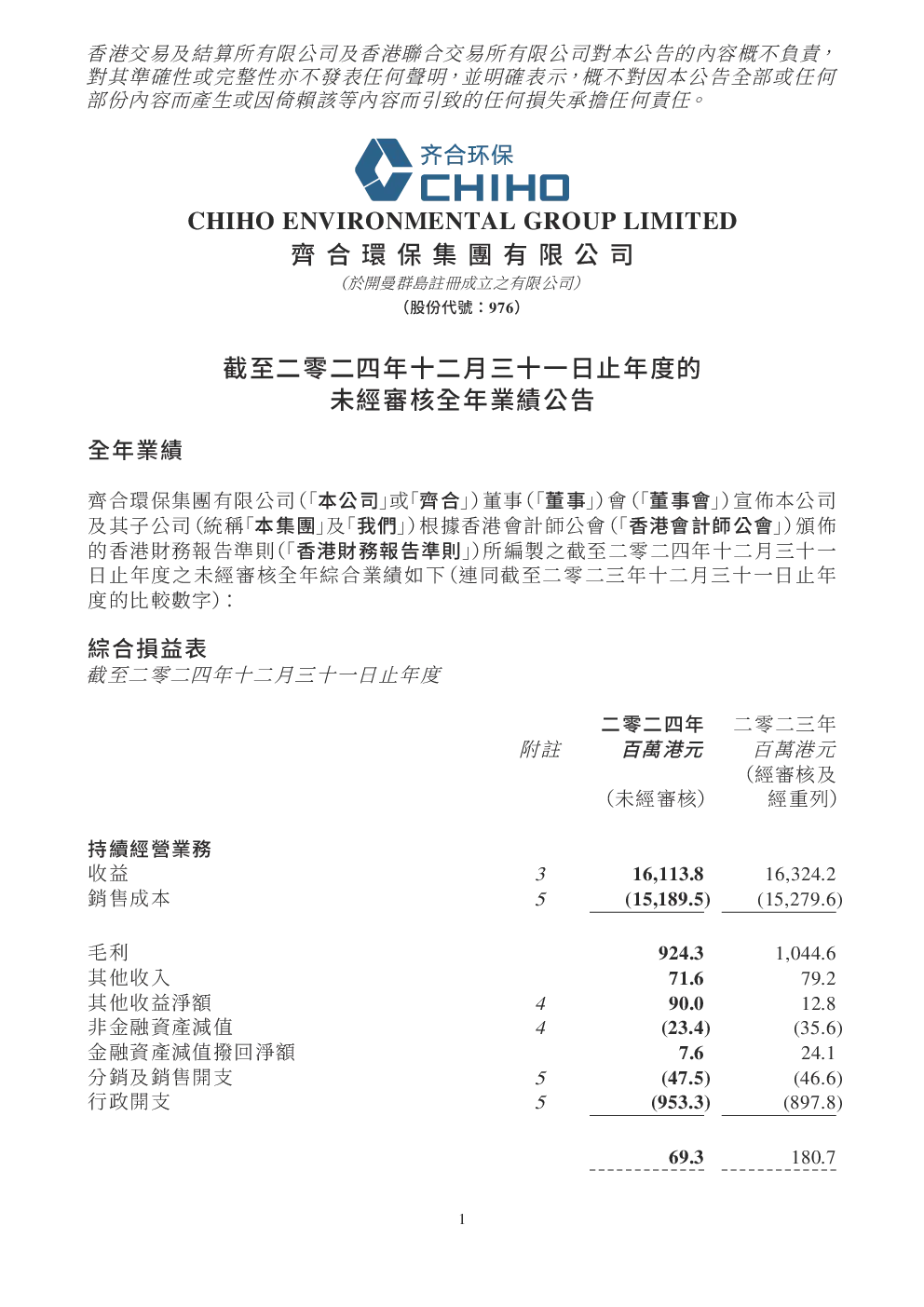 齐合环保：截至二零二四年十二月三十一日止年度的未经审核全年业绩公告