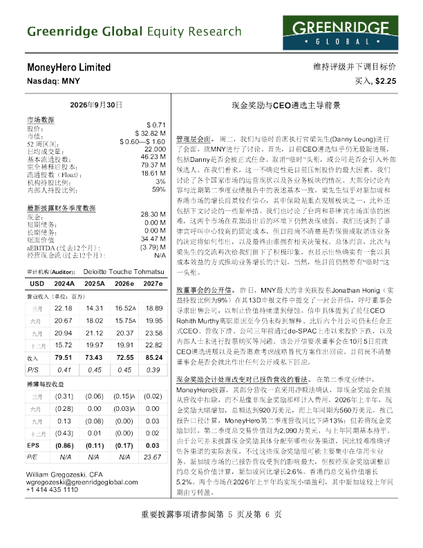 MoneyHero更新报告：现金奖励与CEO遴选前景