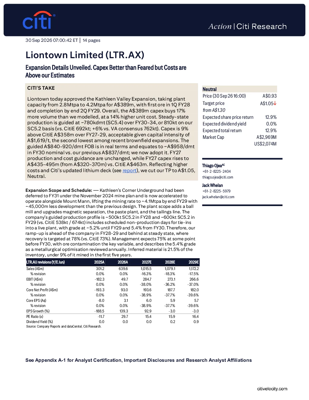 Liontown Limited (LTR.AX)扩建细节获批：资本支出好于预期但成本高于估算