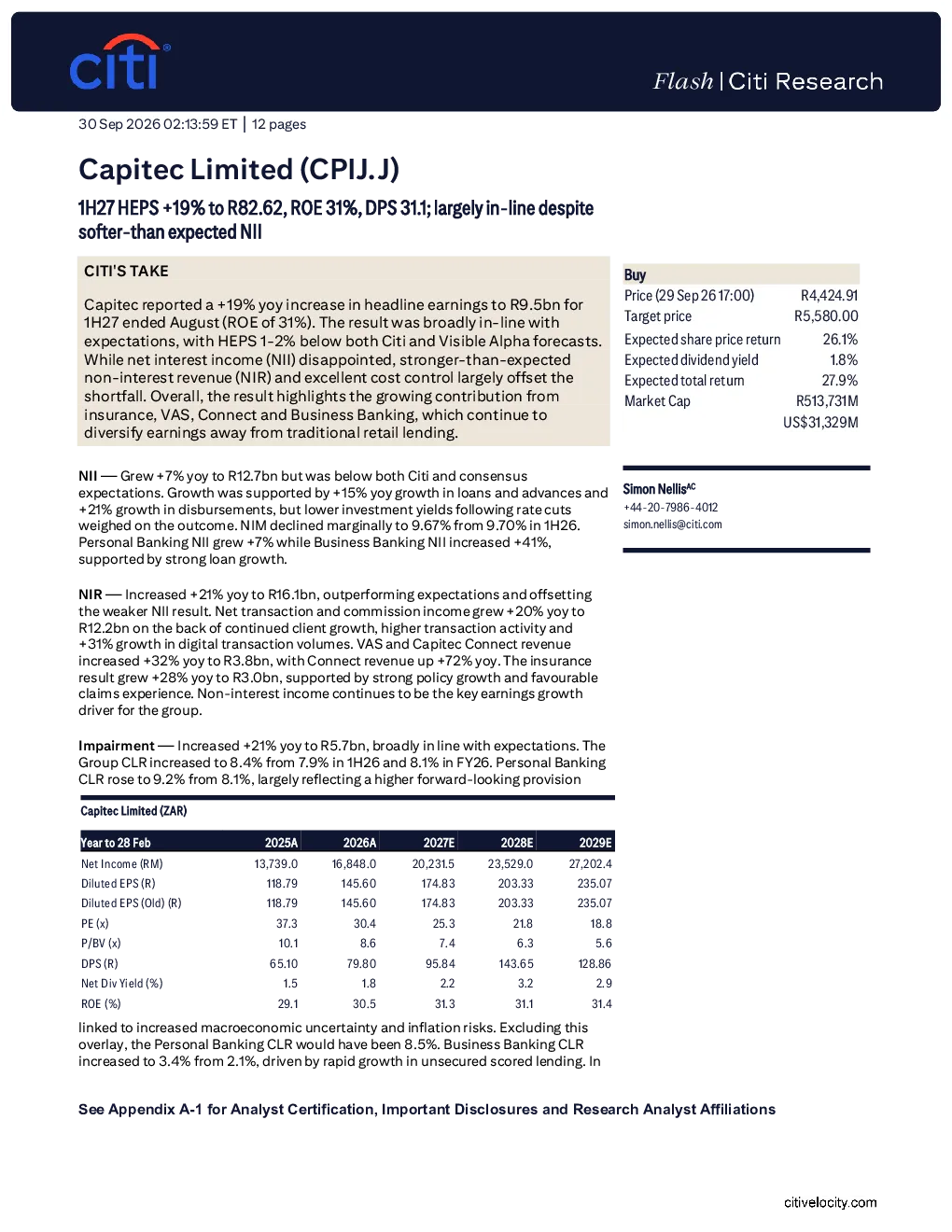花旗-Capitec Limited(CPIJ.J):1H27 HEPS增长19%至R82.62,ROE 31%,DPS 31.1;尽管NII不及预期但整体基本符合预期