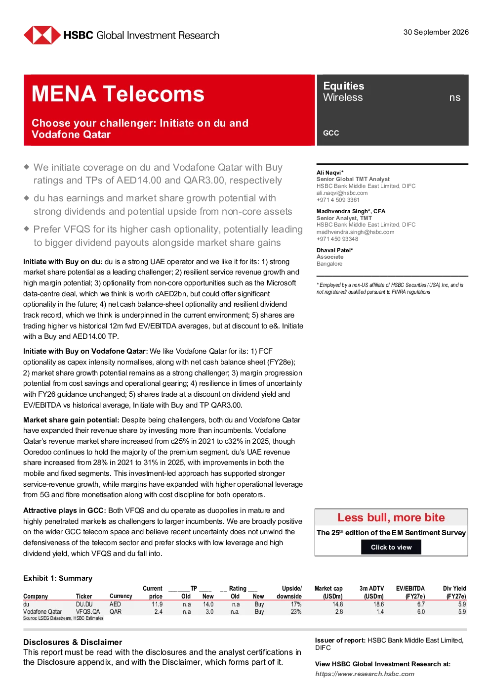 汇丰-MENA电信行业：对du及Vodafone Qatar启动覆盖