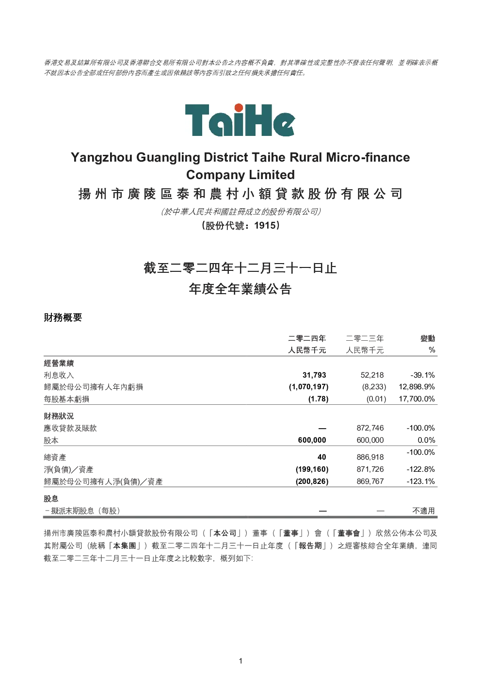 泰和小贷：截至二零二四年十二月三十一日止 年度全年业绩公告