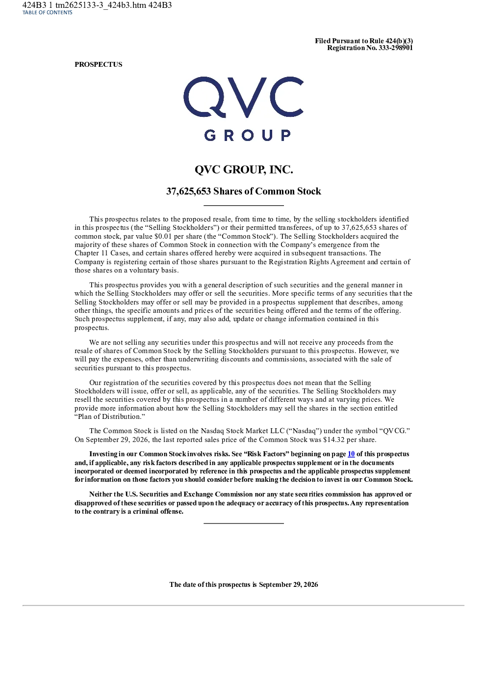 QVC Group Inc美股招股说明书(2026-10-01版)