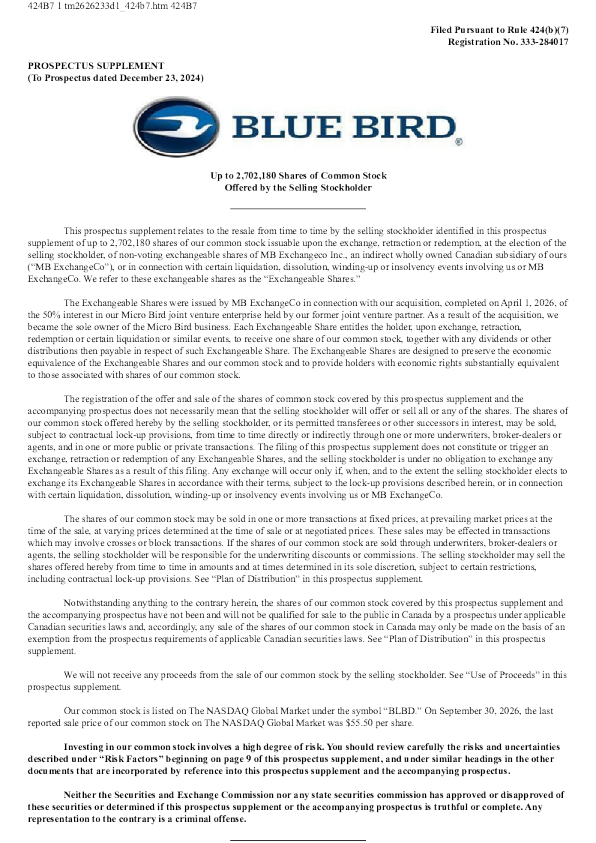Blue Bird Corp美股招股说明书(2026-10-01版)