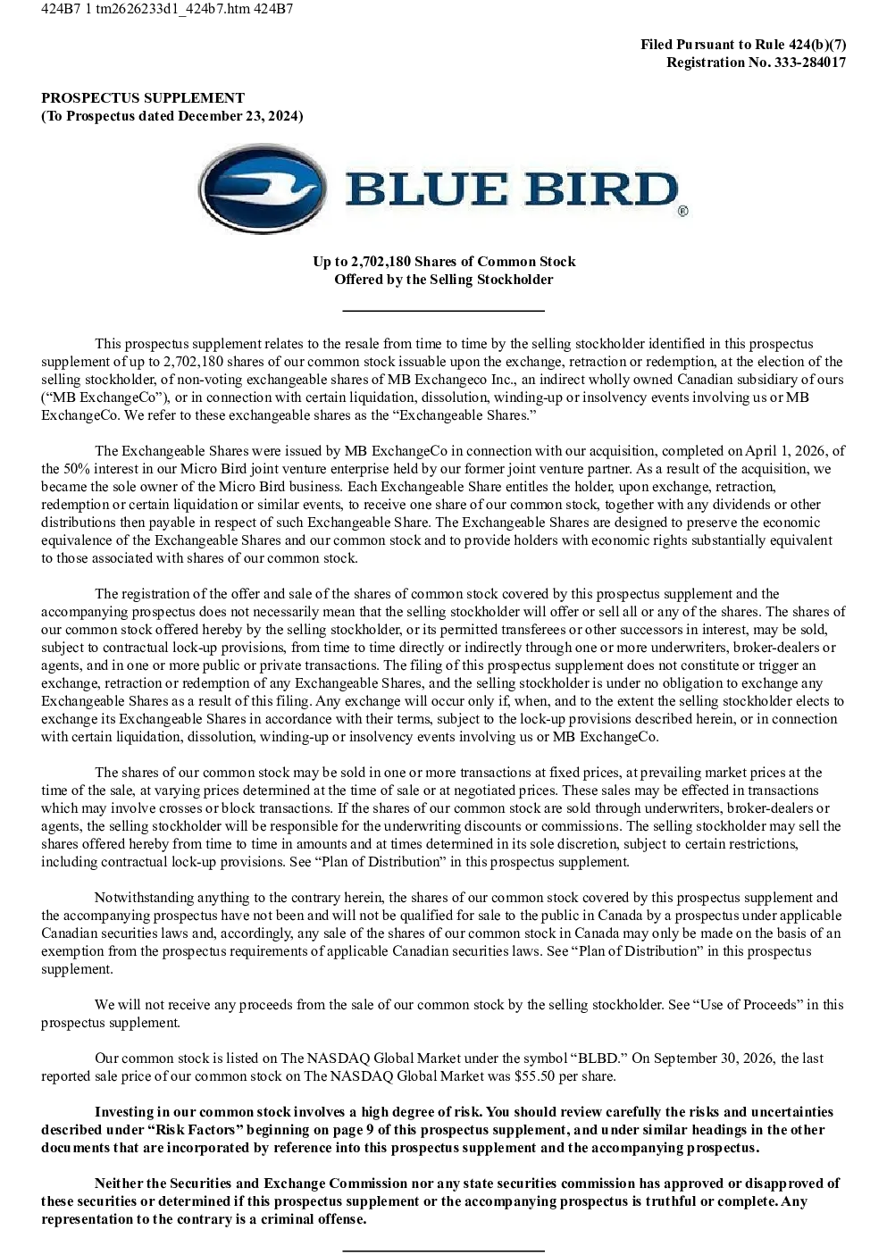 Blue Bird Corp美股招股说明书(2026-10-01版)