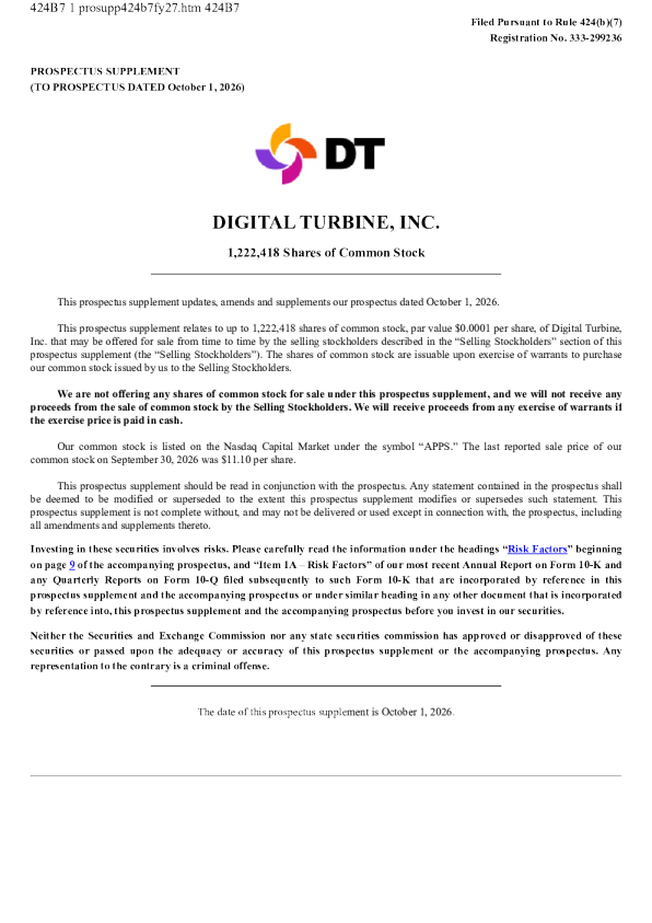 Digital Turbine Inc美股招股说明书(2026-10-01版)