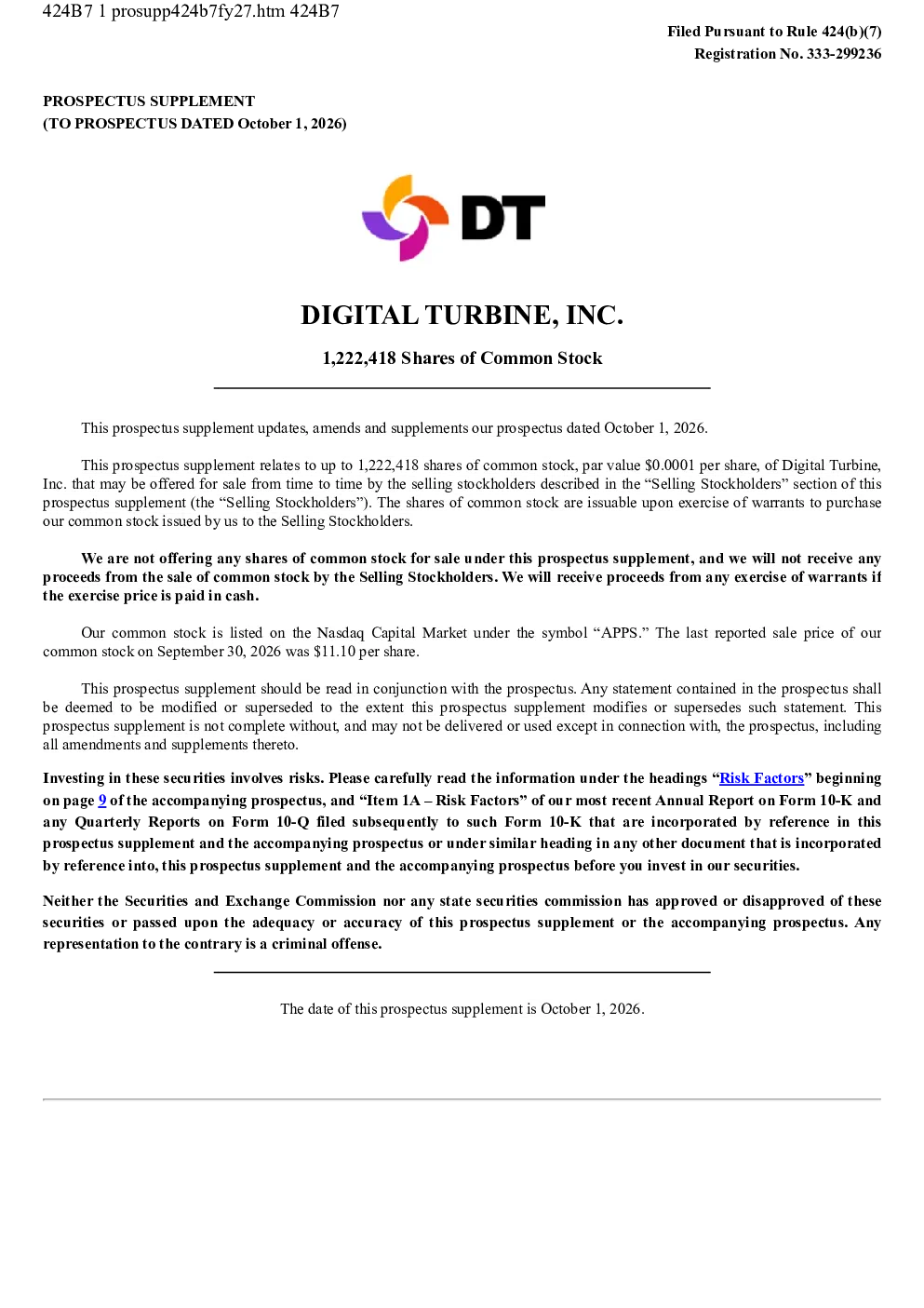 Digital Turbine Inc美股招股说明书(2026-10-01版)