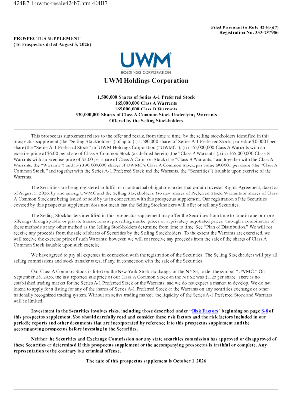 UWM Holdings Corp-A美股招股说明书(2026-10-01版)