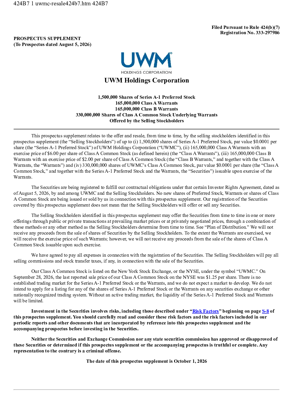 UWM Holdings Corp-A美股招股说明书(2026-10-01版)
