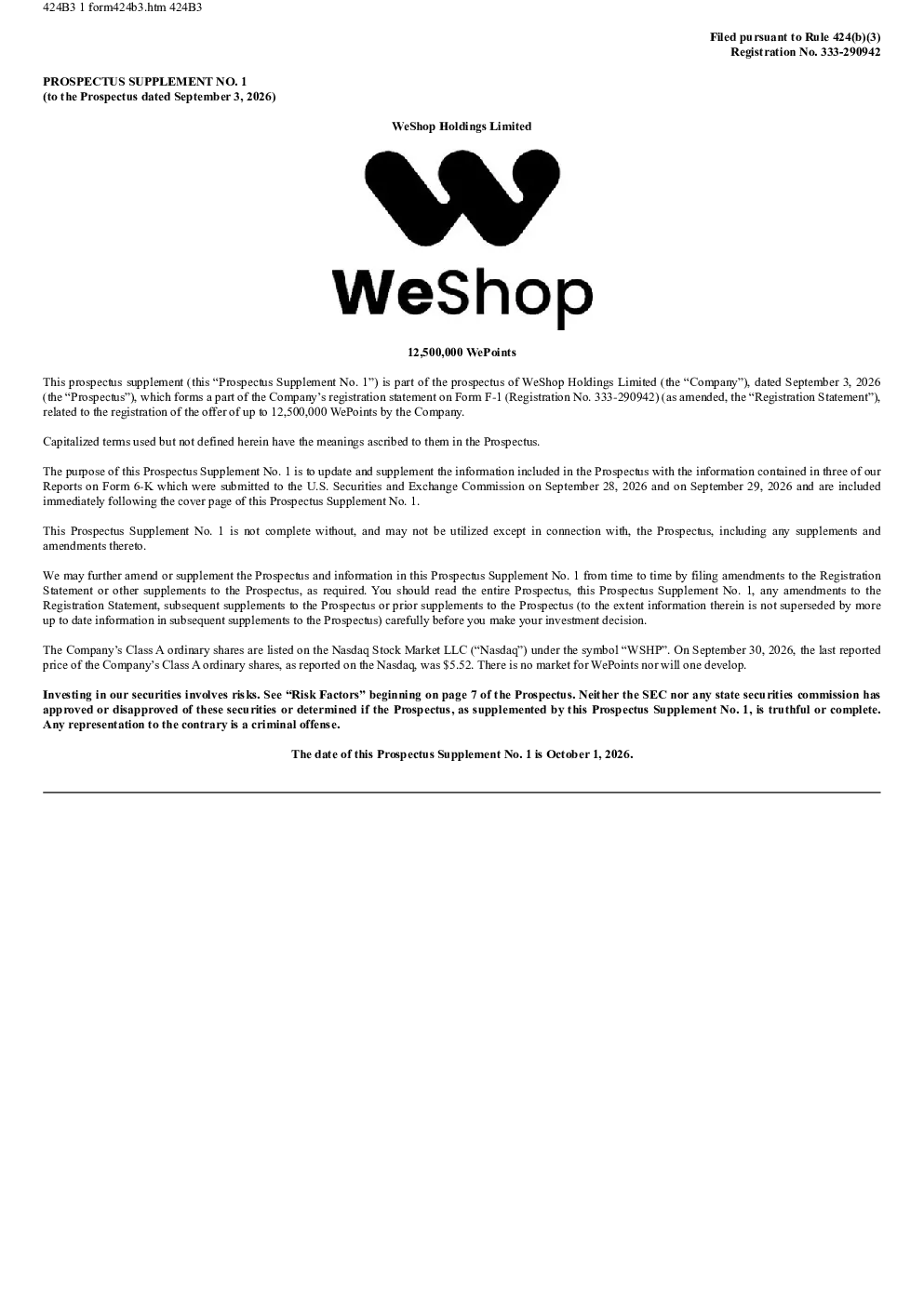 WeShop Holdings Ltd-A美股招股说明书(2026-10-01版)