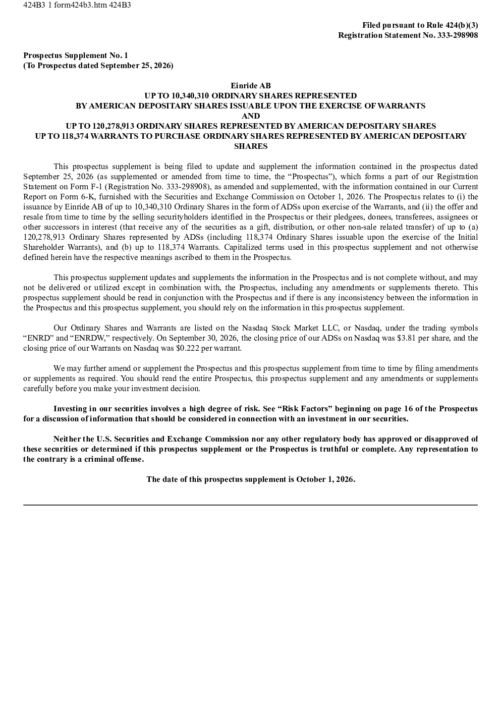Einride AB ADR美股招股说明书(2026-10-01版)