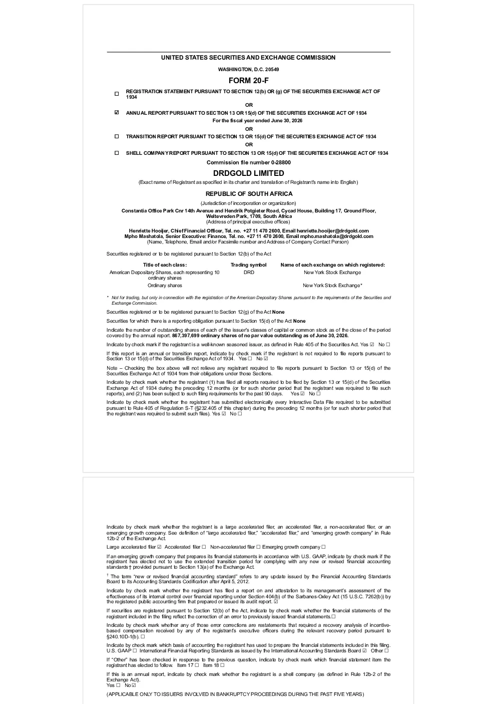 DRDGOLD Ltd ADR 2026年年度报告和过渡报告
