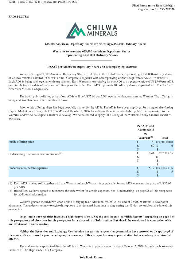 Chilwa Minerals Ltd ADR美股招股说明书(2026-10-02版)