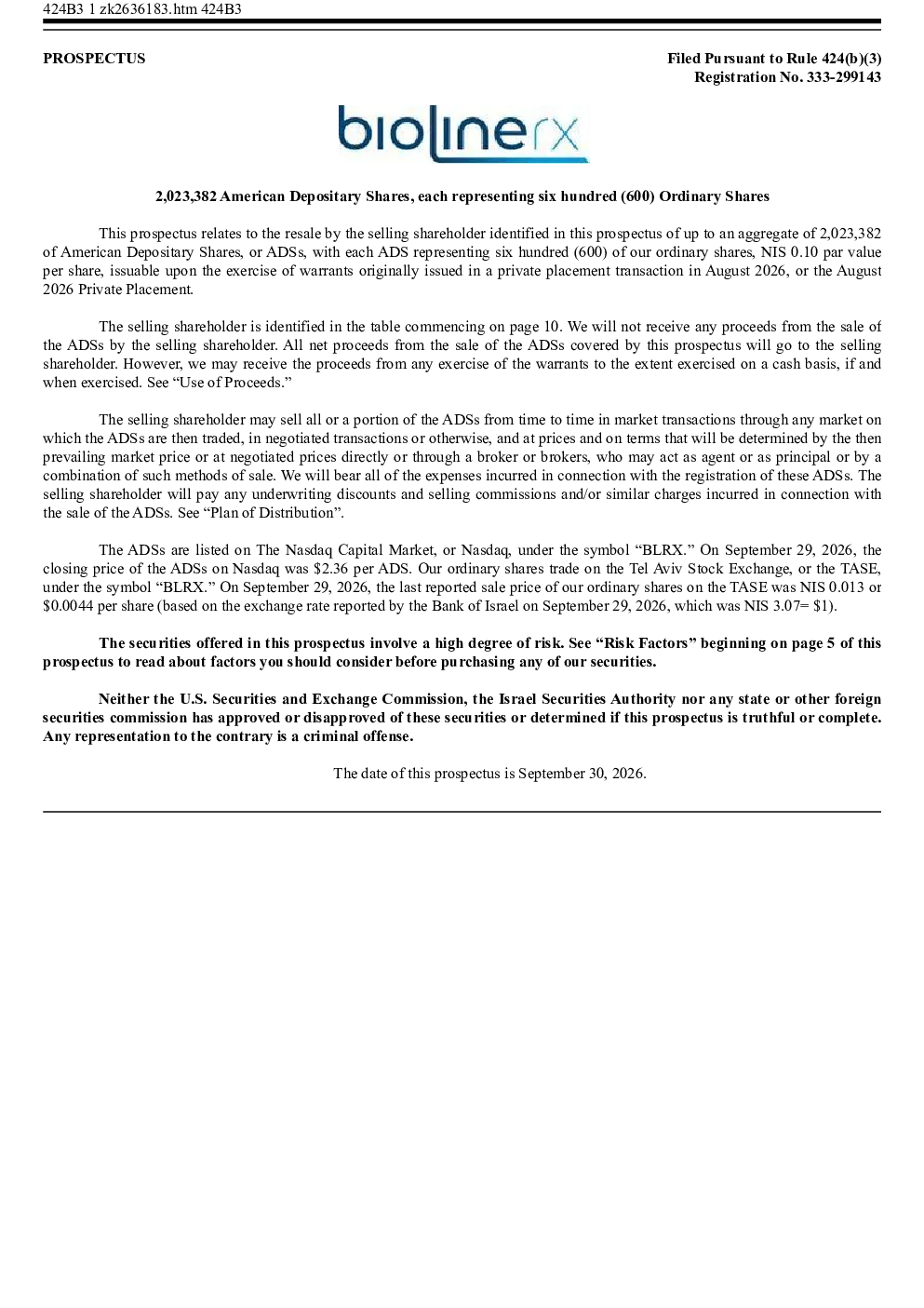 BioLineRx Ltd ADR美股招股说明书(2026-10-02版)
