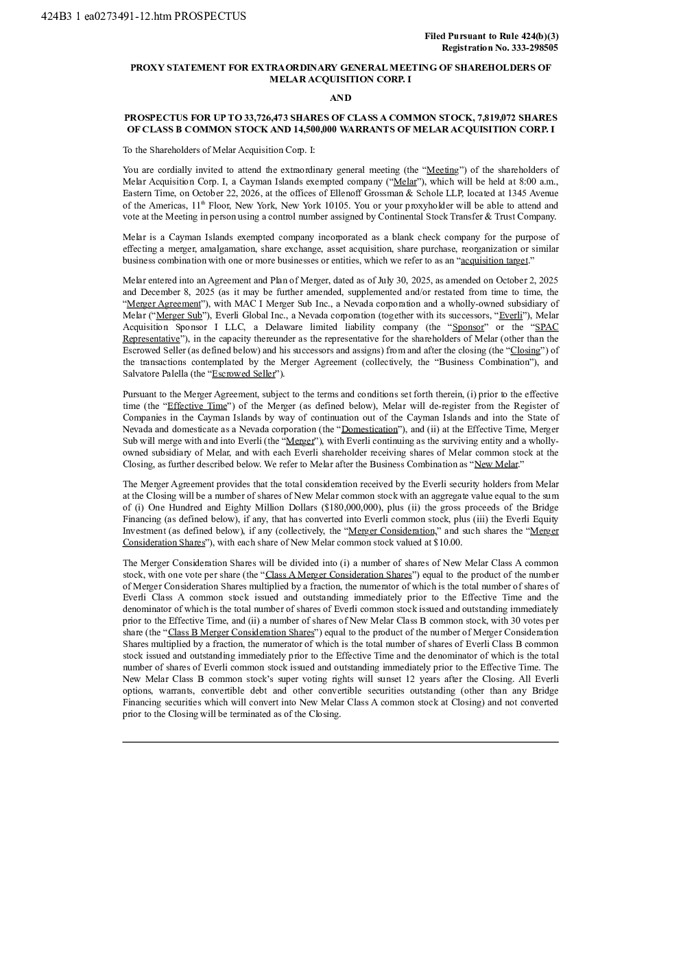 Melar Acquisition Corp I-A美股招股说明书(2026-10-02版)