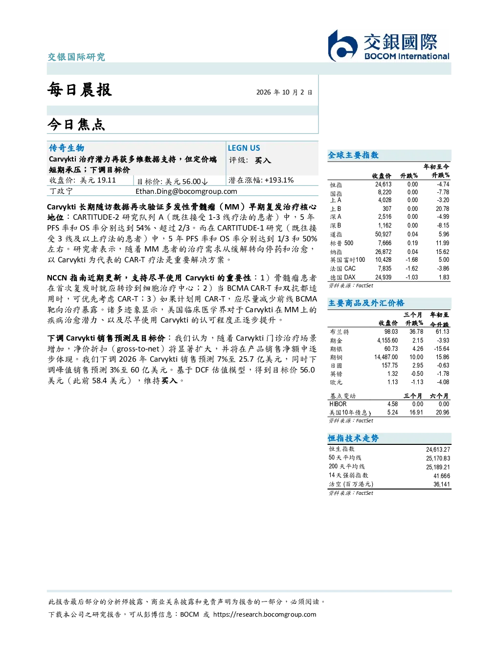 传奇生物（LEGN US）Carvykti治疗潜力再获多维数据支持，但定价端短期承压；下调目标价