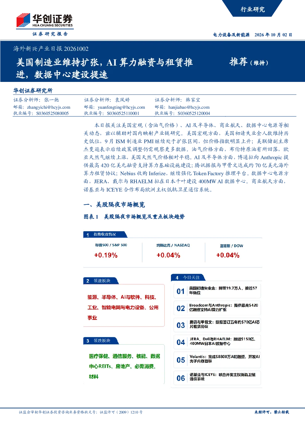 电力设备及新能源行业海外新兴产业日报：美国制造业维持扩张，AI算力融资与租赁推进，数据中心建设提速