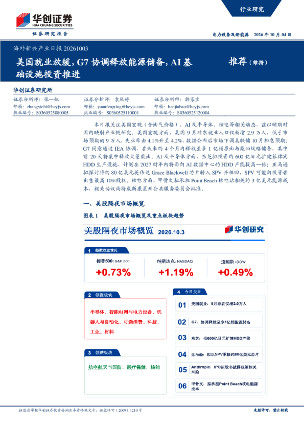 海外新兴产业日报：美国就业放缓，G7协调释放能源储备，AI基础设施投资推进