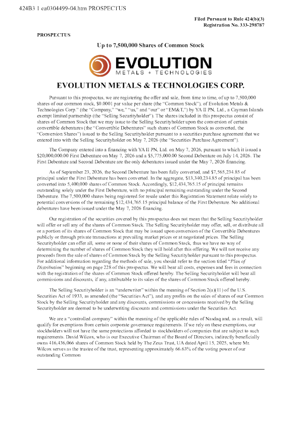 Evolution Metals & Technologies美股招股说明书(2026-10-05版)