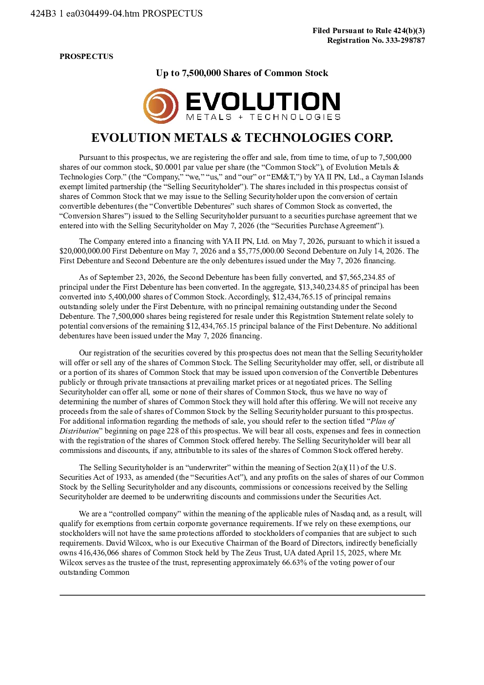Evolution Metals & Technologies美股招股说明书(2026-10-05版)