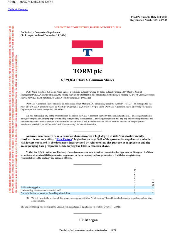 TORM plc-A美股招股说明书(2026-10-05版)