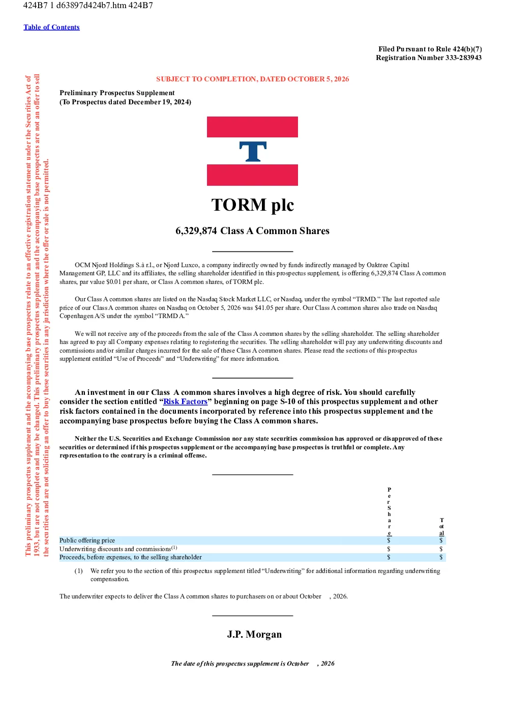 TORM plc-A美股招股说明书(2026-10-05版)