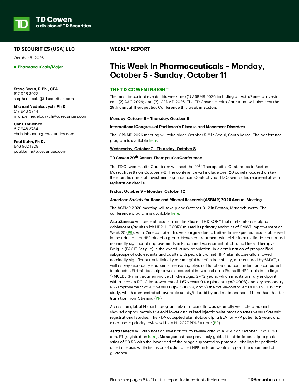 TD Cowen本周制药业周报（2026.10.5-10.11）