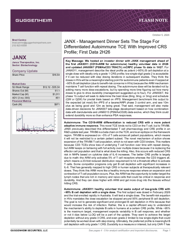 JANX - 管理晚餐为具改善CRS特征的差异化自体免疫TCE奠定基础；2026年下半年将公布首批数据