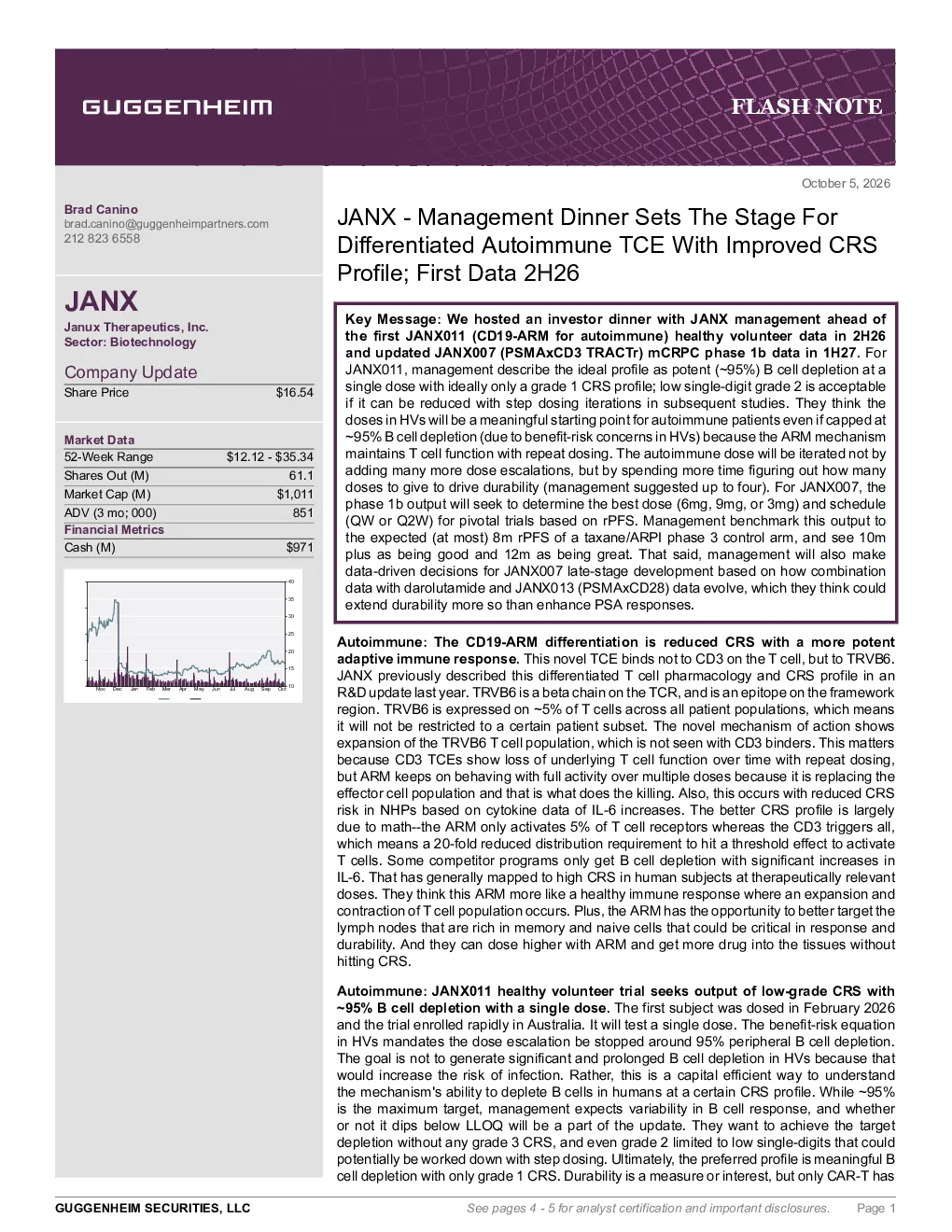 JANX - 管理晚餐为具改善CRS特征的差异化自体免疫TCE奠定基础；2026年下半年将公布首批数据